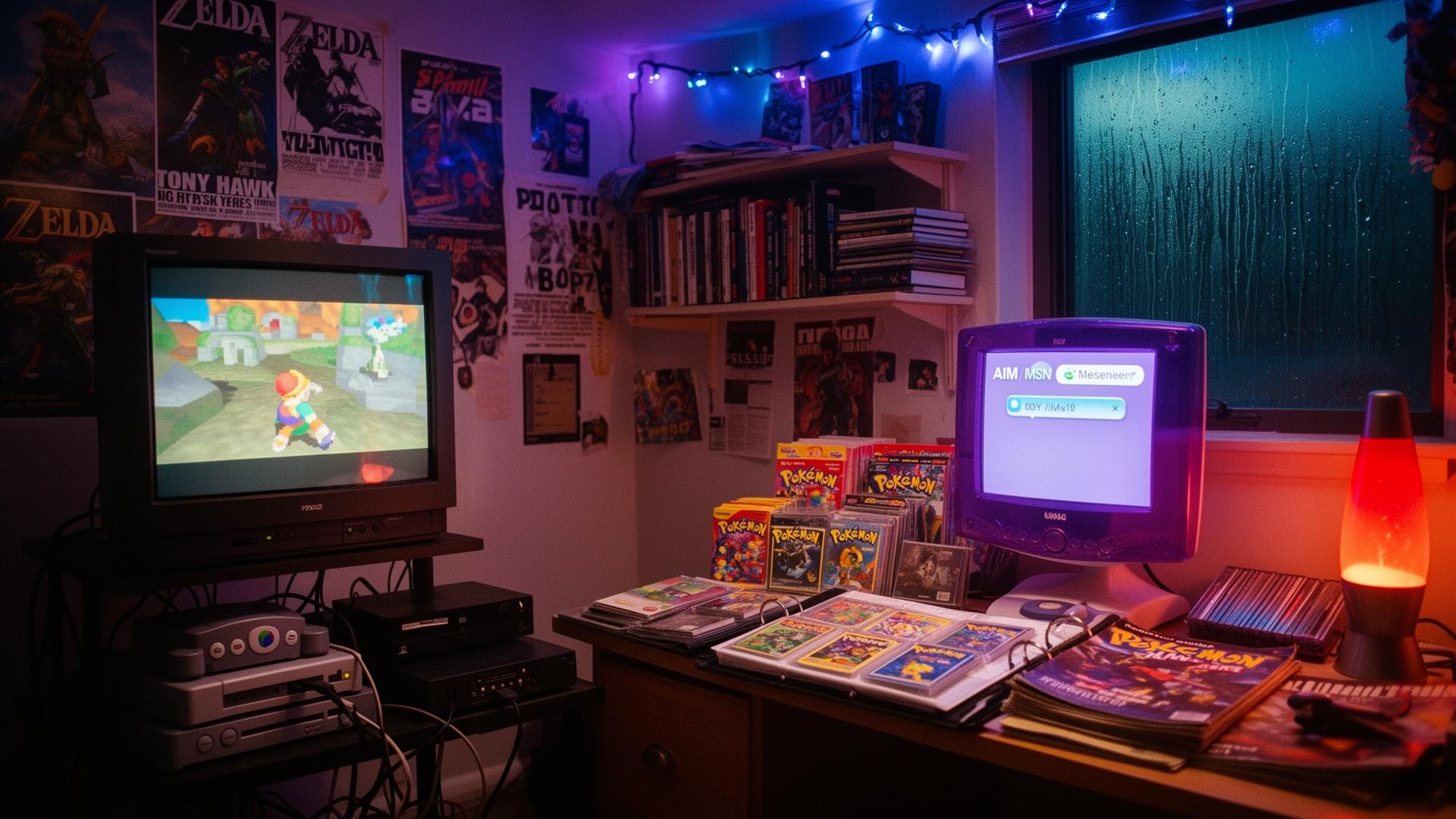 A late-night collector's bedroom: CRT TV glowing, VHS stack, vinyl, card binder, retro consoles, lava lamp, rainy window.