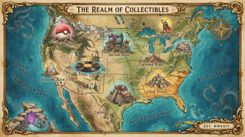 Hand-painted atlas of collectible stores across the United States